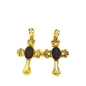 Vintage-Style Gold Tone & Black Cross Earrings with Crystals
